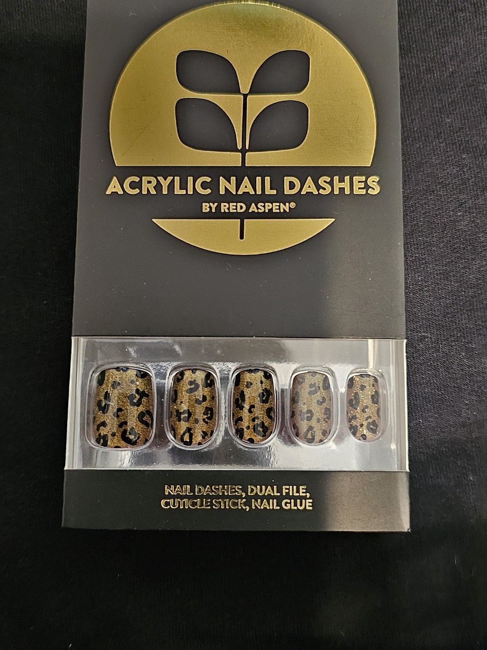 Red Aspen Acrylic Nail Dashes - Gold Leopard Print